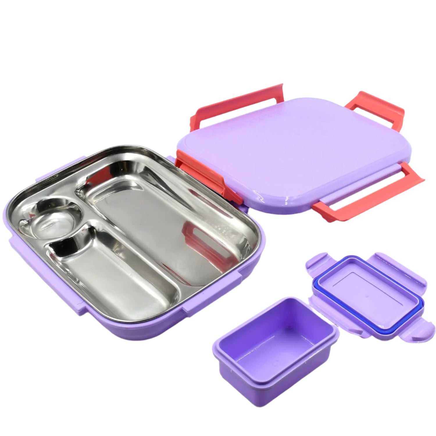 Small lunch box, pink and blue plastic, with steel plate, kids school. Small lunch box, pink and blue plastic, with steel plate, kids school.